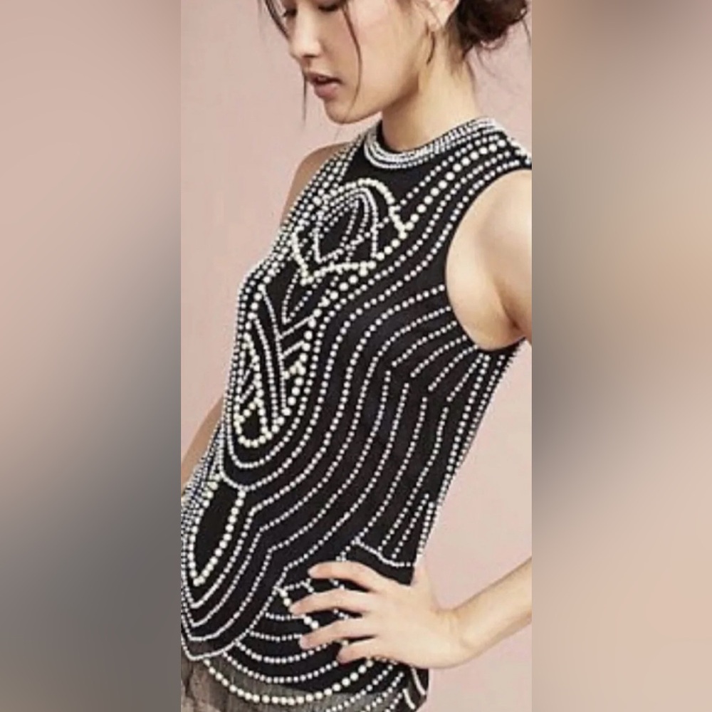 Anthropologie Moulinette Soeurs Beaded Pearl Mock Neck Top Sleeveless Mesh Sz 0